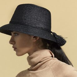 כובע קש שחור קלוש פונפונים טבעי